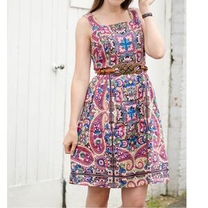 Lands End Linen Midi Dress Multi Color 10 Sleeveless Pockets Paisley Geometric